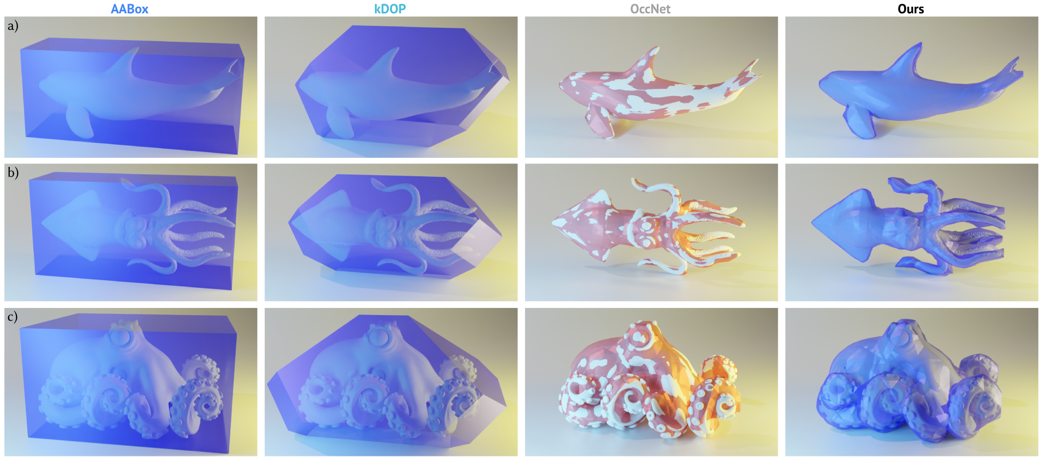 3d point for three objects - whale, squid and octopus - rotating 360 degrees